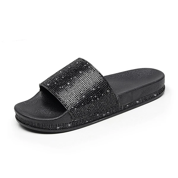 Fashion Women Slippers Crystal Flat Heel Summer Shoes Female Indoor Outside Bling Beach Slides Open Toe Rhinestone Ladies Shoe - Цвет: Black Shoes