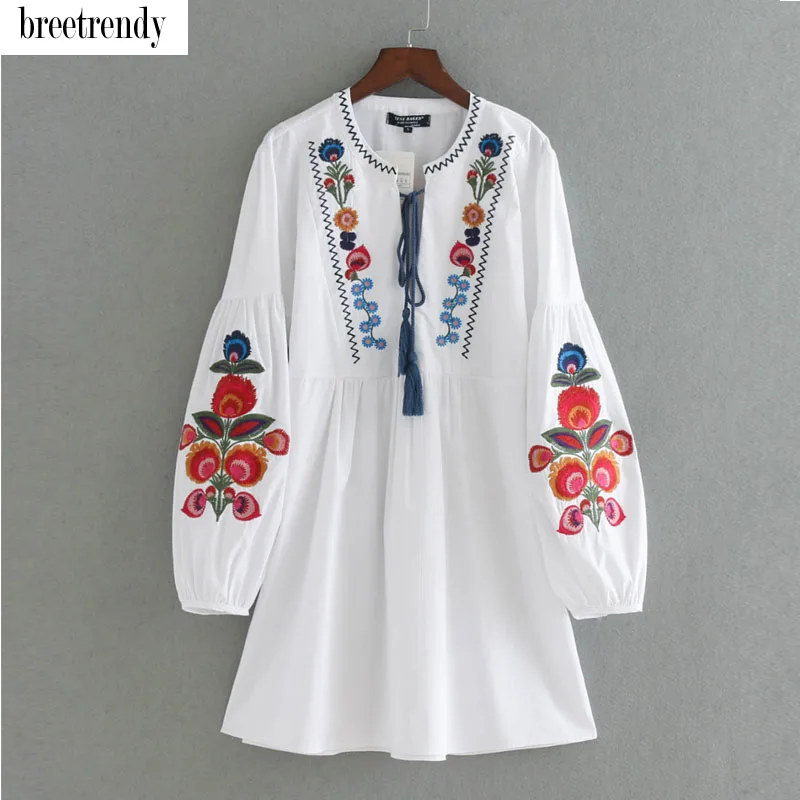 

L616 autumn fashion women floral embroidery o neck fringe deco dress ladies casual white color long sleeve dresses vestidos