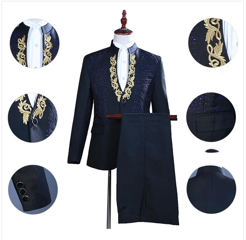 White Embroidered Diamond Suit Men Wedding Groom Tuxedo Suits Mens Stand Collar Prom Stage Costume Mens Suits with Pants Ternos