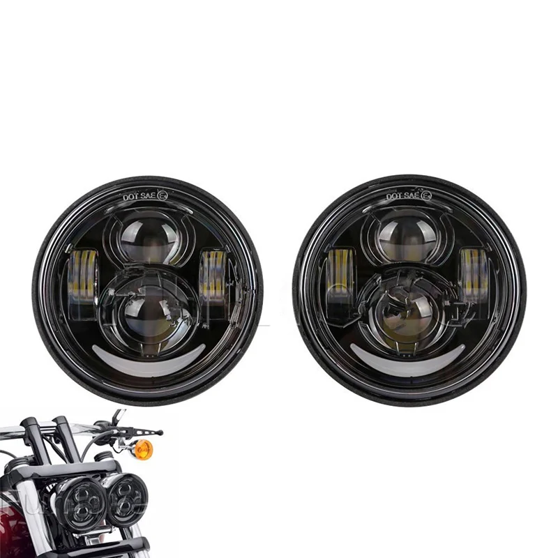 SOYAVISION For Harley Davidson Fat Bob Black 4.65 Inch Twin Dual LED Headlights+H4 to H13 Adapters 