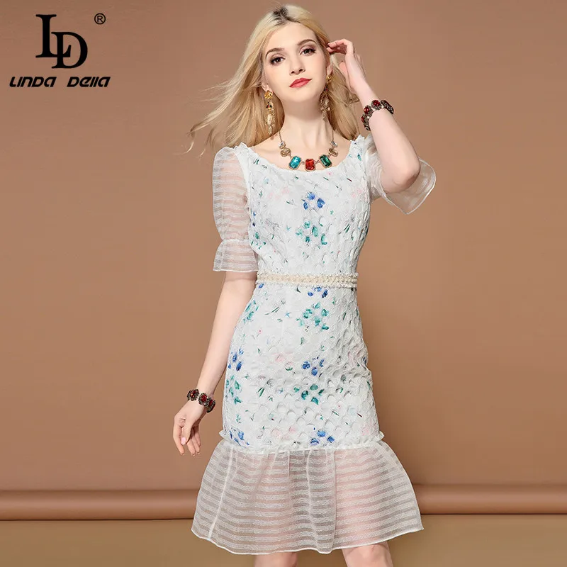 

LD LINDA DELLA 2019 Fashion Runway Summer Dress Elegant Women's Half Sleeve White Hollow out Mermaid Party Sexy Dress vestidos