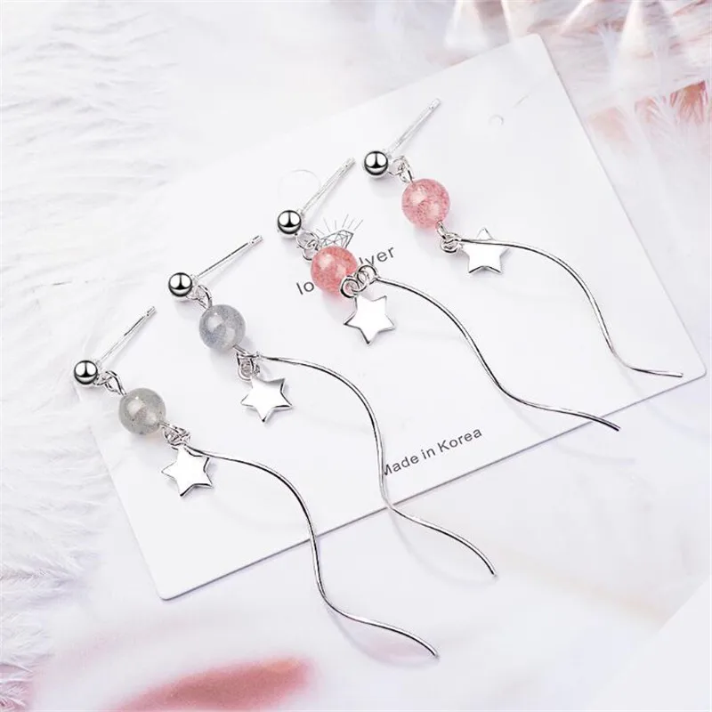 

New Temperament Strawberry Crystal 925 Sterling Silver Jewelry Long Wave Ear line Five-pointed Stars Dangle Earrings SE727