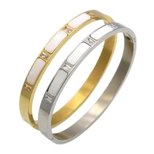 Roman Letter Crystal Bangle For Women Jewelry pulseiras joyas Real Gold Plated Stainless Steel Natural Shell Bracelets Bangles