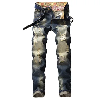

Casual Men Jeans Hole Bleached Straight Slim Men Denim Jeans Retro Distressed Washed Male Jeans Fashion Stretch Vintage