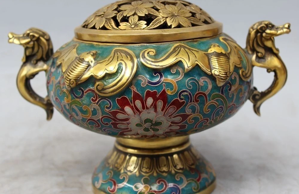 

8" Marked Chinese Dynasty Cloisonne Bronze Gild Dragon Incense Burner Censer