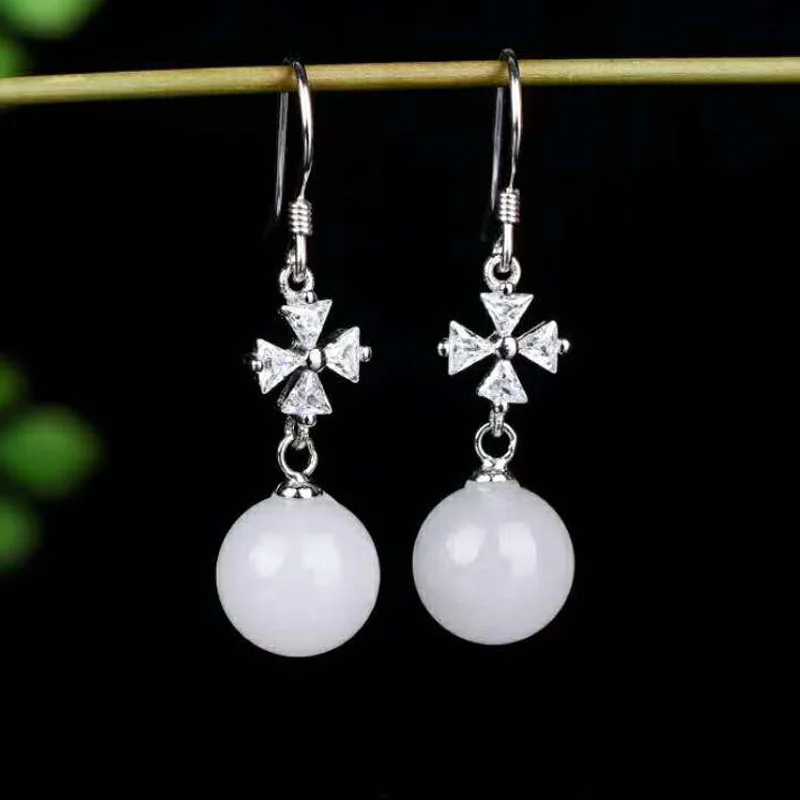 

Drop Shipping Real 925 Sterling Silver Jade Drop Earrings Ear Pin Natural Round Stone Handmade For Women Wedding Earrings