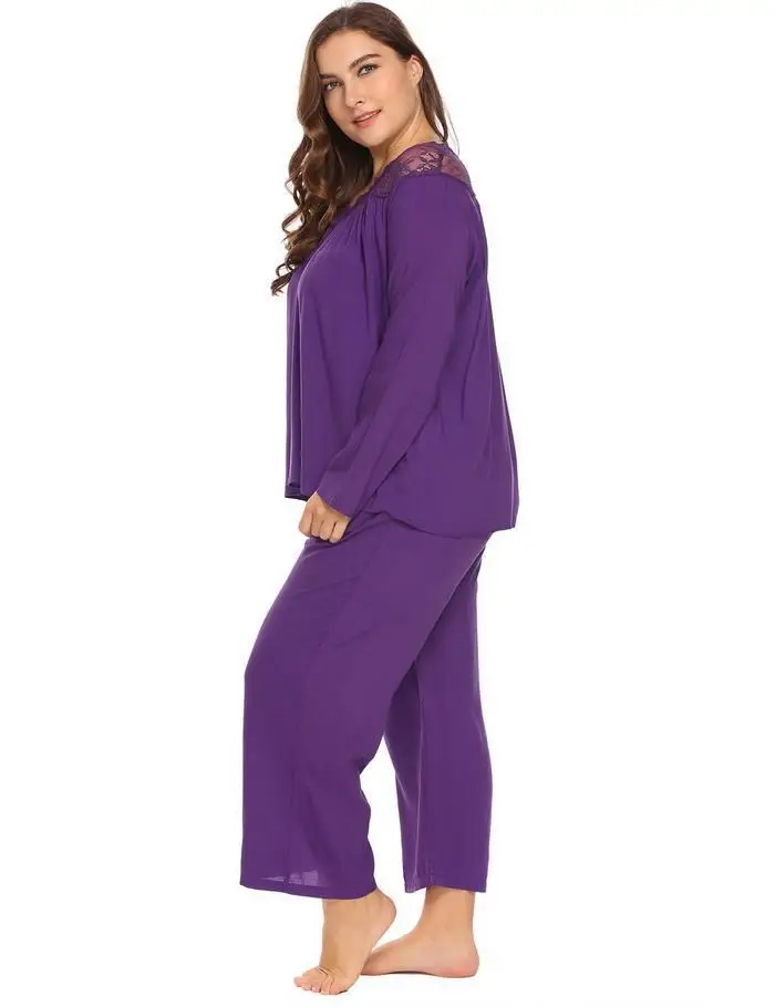 Ekouaer размера плюс пижамный комплект Женская одежда для сна с v-образным вырезом с длинным рукавом кружевные лоскутные Топы Пижамный костюм, ночная рубашка XL-5XL