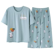 Новинка года; летний пижамный комплект из хлопка для женщин; Милая футболка с короткими рукавами и рисунком+ укороченные брюки; комплект из двух предметов; модная домашняя одежда