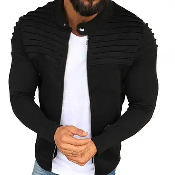 

New Men Casual Slim Fit Coat Solid Color Pleated Long Sleeve Zipper Baseball Jacket