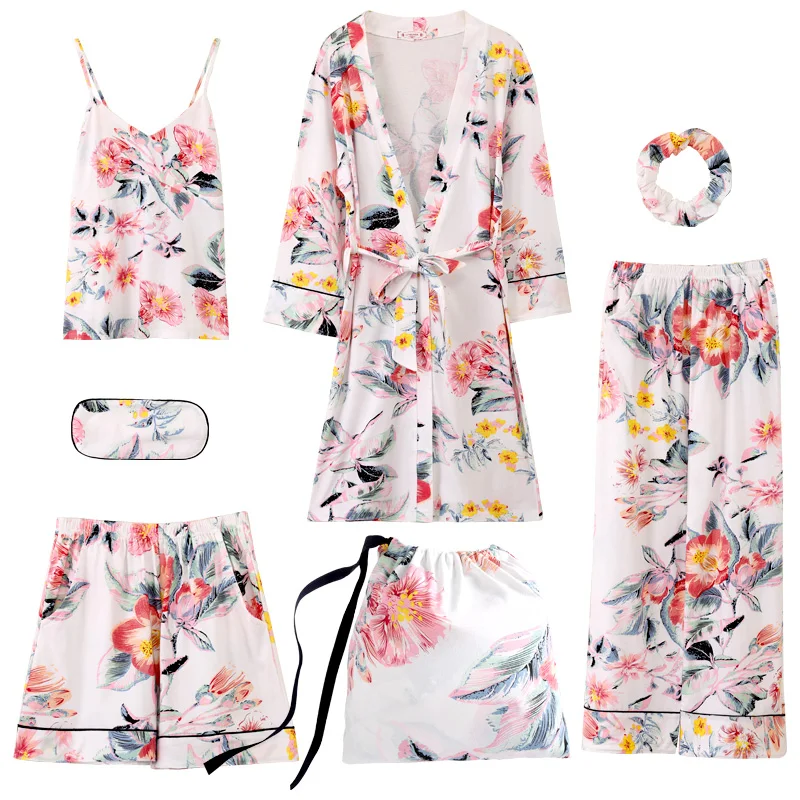 

spring Autumn Winter 7 Pieces Set sleepwear Cotton Elegant Women Pajamas Long Sleeve pajama set Elastic Waist Pants Lounge Robe