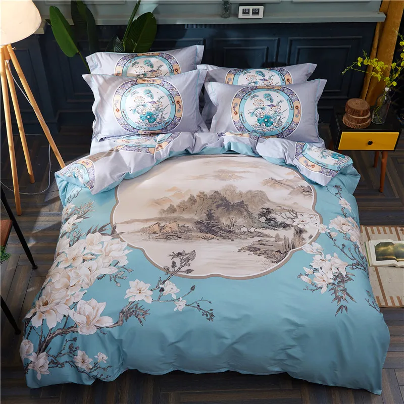 

Chinese classical style 100%cotton Landscape map flower bedding set duvet cover Bed Sheet Pillowcases Queen King size bedclothes