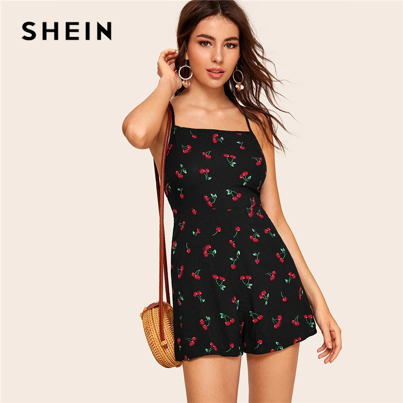

SHEIN Cherry Print Crisscross Backless Slip Boho Cami Romper Women High Waist Zip Back Rompers Spaghetti Strap Summer Playsuit