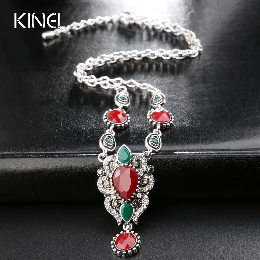 

Hot 2017 Fashion Vintage Red Gem Statement Necklace For Women Water Drop Silver Color Turkey Jewelry