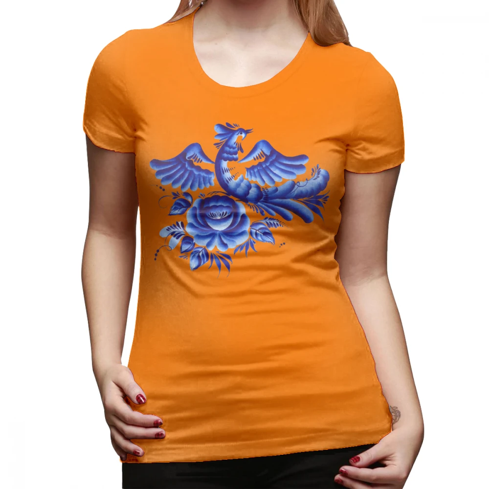 Gzhel футболка синяя птица Футболка с круглым вырезом уличный стиль Женская футболка хлопок смешной красный Графический короткий рукав большая женская футболка - Цвет: Оранжевый