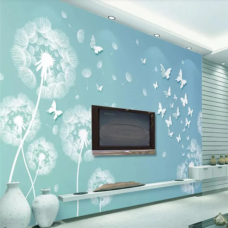 Still simple blue 3d dandelion butterfly TV background wall professional custom mural wallpaper custom poster photo wall