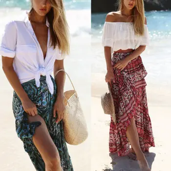 

Women Boho Floral Print Long Skirt Full Skirt Beachwear Party Sundress