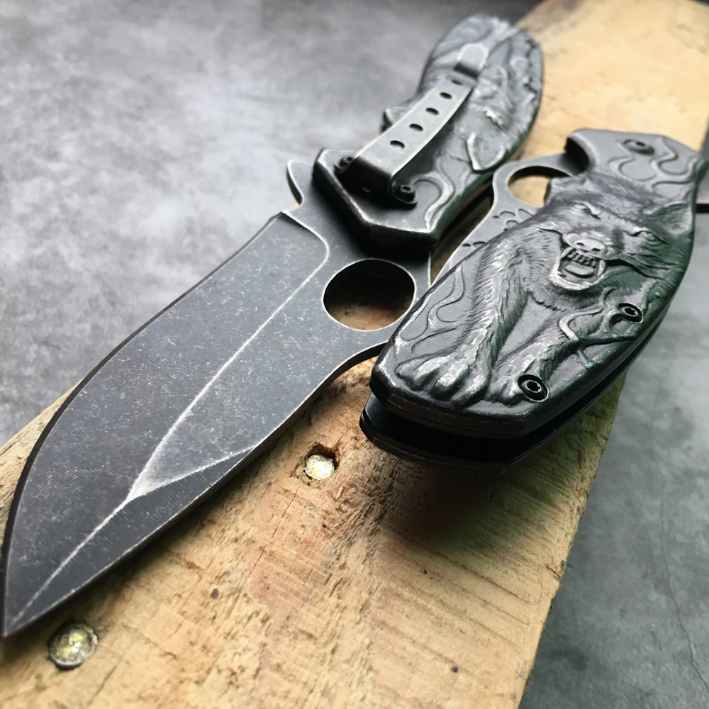 Высокое качество 3D Волк король резной Stonewash Тактический нож выживания кемпинга