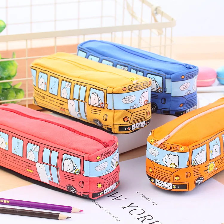 

cute School Bus Pencil Case,large capacity canvas car pencil bag,orange,red,yellow,blue available