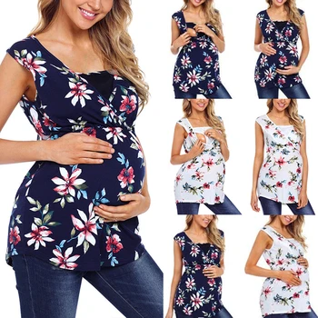 

Pullover Loose Nursing Pregnant Fashion Summer Sleeveless Floral Top Maternity T-shirt Comfortable Breathable Breastfeeding