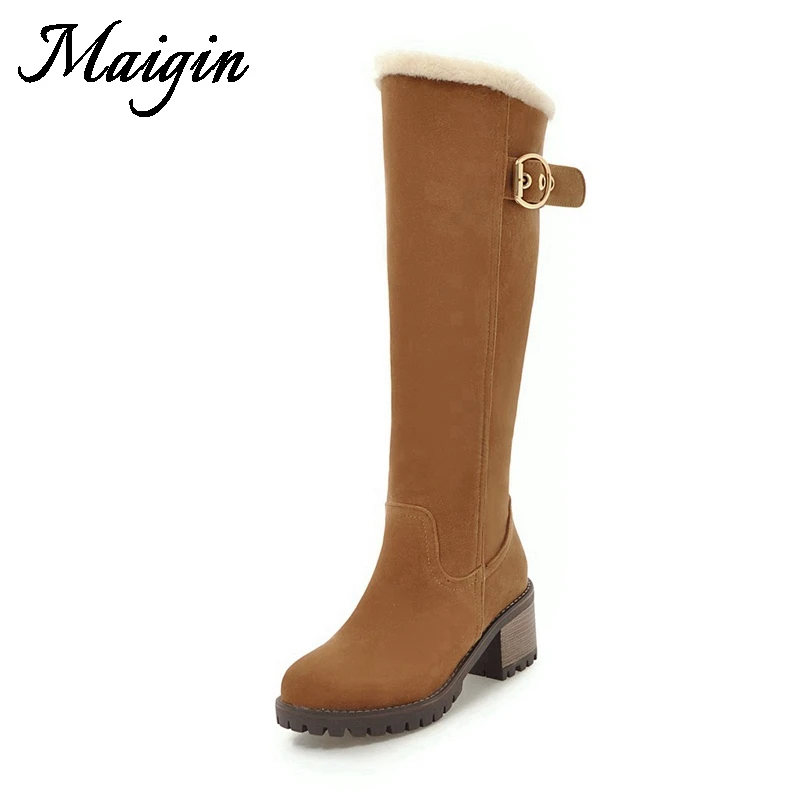 Maigin 2018 Winter Knee High Boots Women Round Toe Square Heel Long Snow Boots Warm Plush Inside Winter Shoes Women Footwear