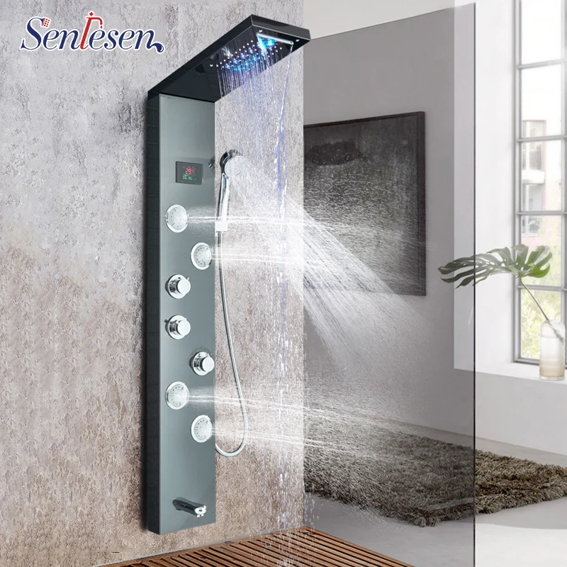 Senlesen LED Rain Waterfall Shower Faucet Set Shower Panel Column 4 Multi functional Nozzles