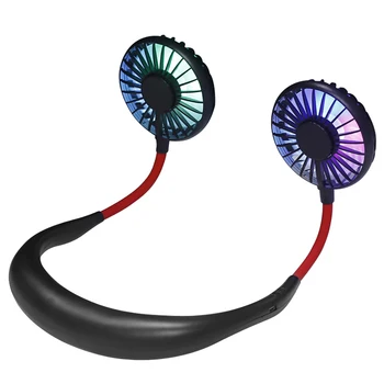 

LED Light Sports Fan Mini USB Rechargeable Neck Hanging Style Dual Cooling Fans 3 Gears Adjustable