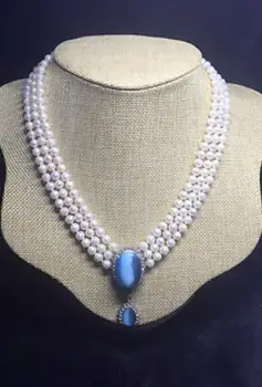 

free shipping New 3 Row 6-7mm white pearl Necklace Blue Cat's Eye Pendant