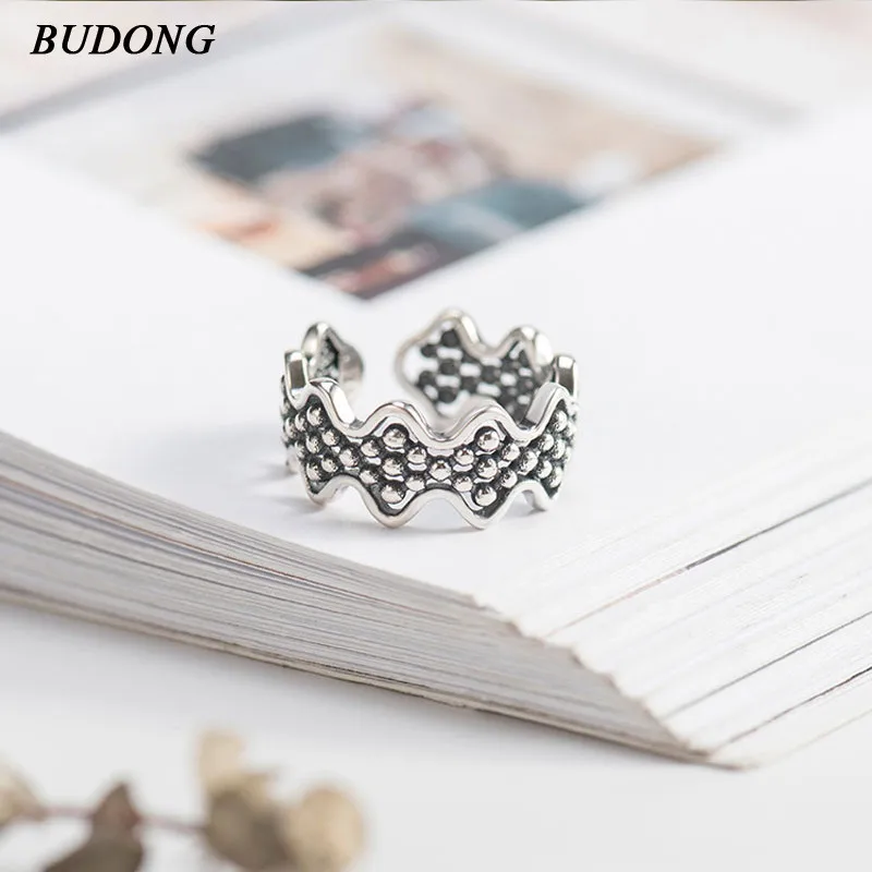 

BUDONG Authentic 925 Sterling Silver Vintage Stackable Retro Wave Finger Rings for Women Sterling Silver Jewelry Anel XURT262