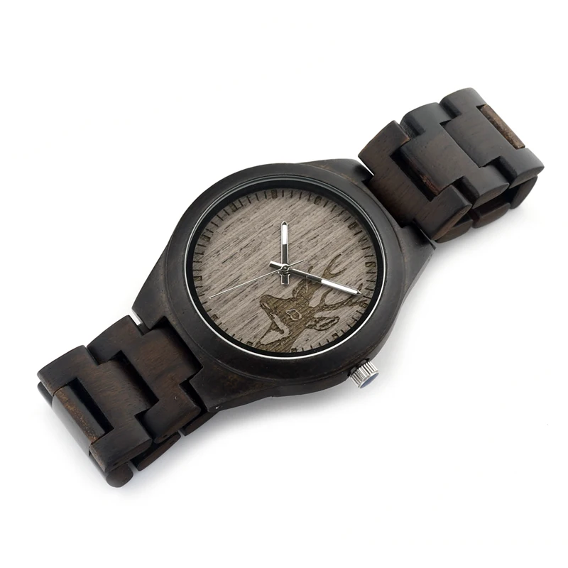 BOBO BIRD I26 Mens Unique Ebony Wooden Watches Deer Head Dial Casual Quartz Wrist Watches With Wood Links In Gift Watch Box