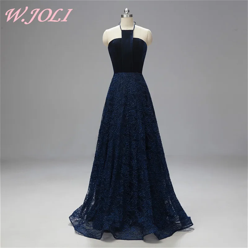 

W.JOLI Evening Dress Long Elegant Lace Beading Crystal Prom Gown Halter Backless Wedding Party Evening Dresses 2019