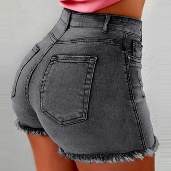 

2019 Summer Fashion Solid Color Hole Washing Denim Shorts Women Fringed Slim Simple Shorts Woman High-Rise Skinny Denim Shorts