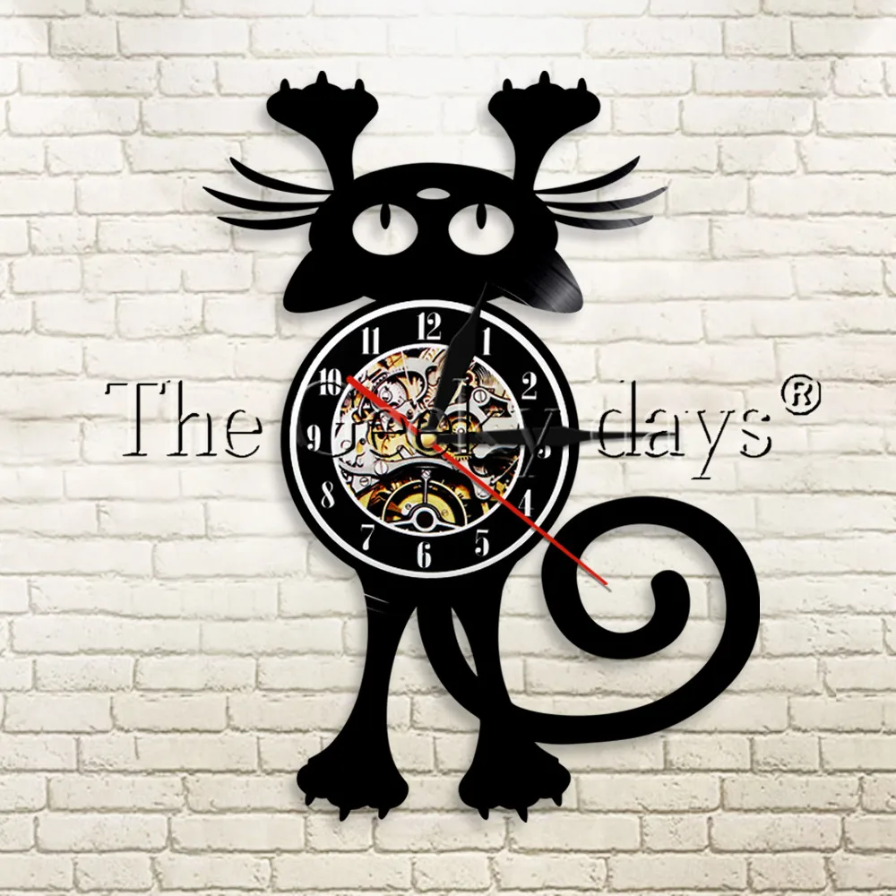 1Piece Animals Vinyl Record Wall Clock for Cat Fans Silent Wall Clock