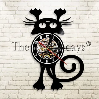 

1Piece Animals Vinyl Record Wall Clock for Cat Fans Silent Wall Clock Crazy Kitty Art Record Time Clock Creative Timepiece