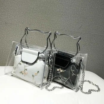 

Fashion Clear Women Small Handbags Cute Cat Transparent Jelly Bag Embroidery Candy Yellow Pink Shoulder Bags Beach Mini Hand Bag