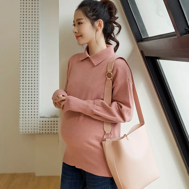 

Autumn Winter Maternity Long Sleeve Sweater Turn-Down Collar Dress Pregnant Women Loose Long Sweater Postpartum mother Clothes