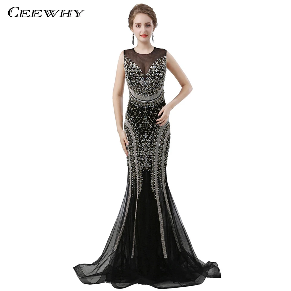 CEEWHY Black Mermaid Dress Open Back Luxury Crystal Evening Dress
