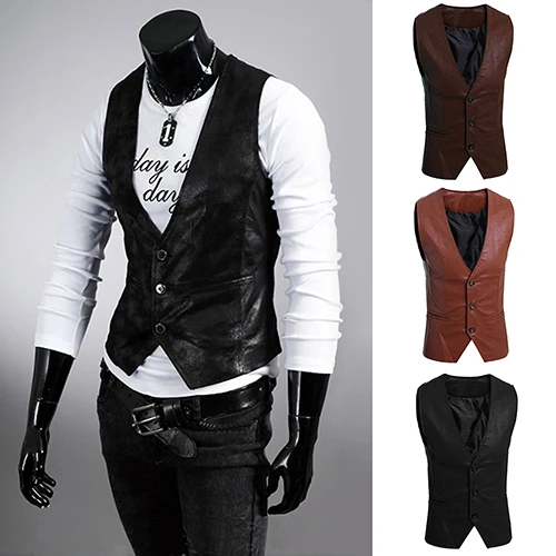 

Men's Fashion Simple Design Slim Fit Faux Leather Vest Waistcoat Jacket Coat