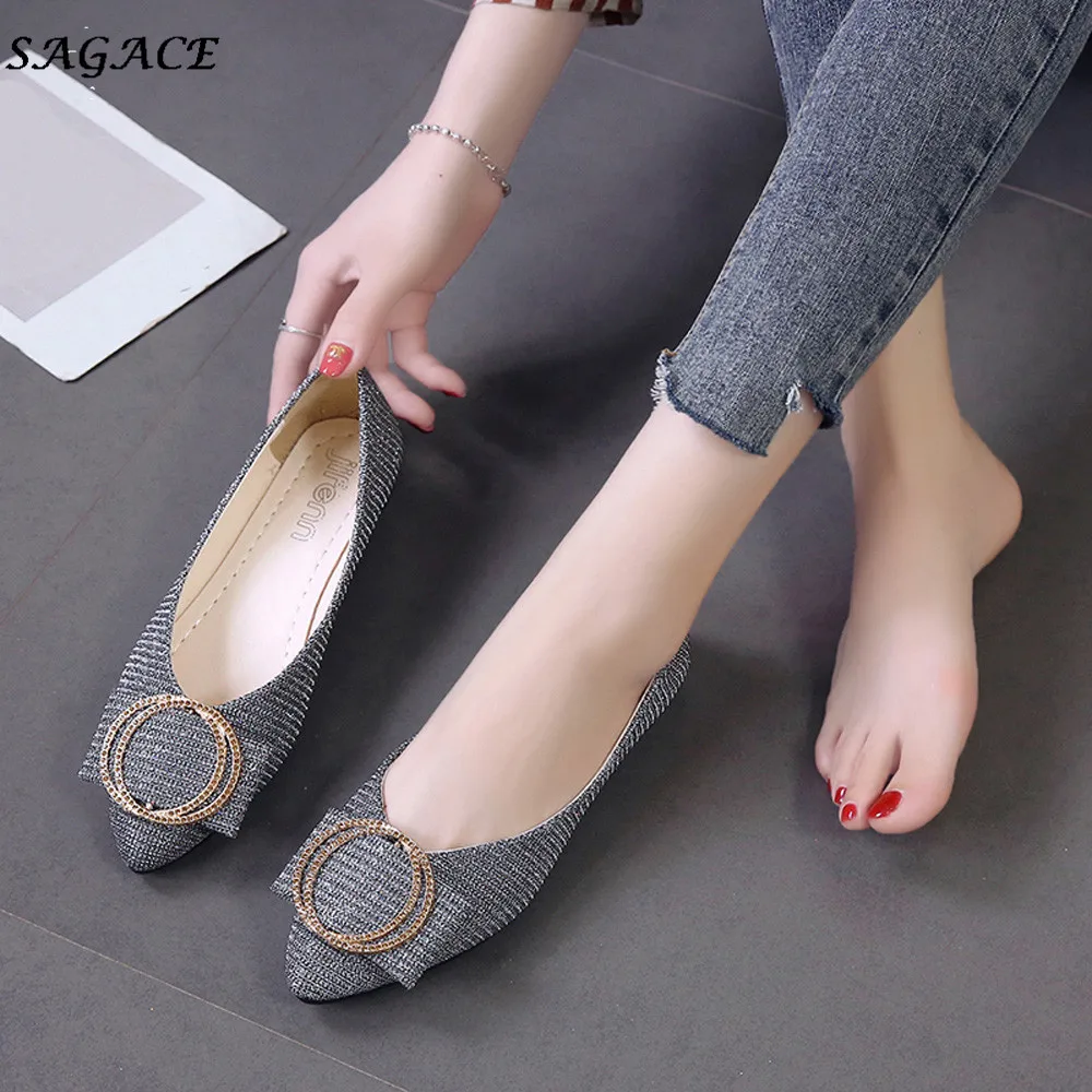 

SAGACE shoes woman 1cm Ankle Strap Women Sequins Shallow Slip On Low Heel Flat Party Shoes Mujer Female Pointed Single Shoes