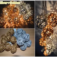 2 м длина, 20 шт серебро+ золотой цвета питание от батареи вспышка Плетеный ротанговый шар Сказочный светильник гирлянда Рождество Свадебная вечеринка Декор