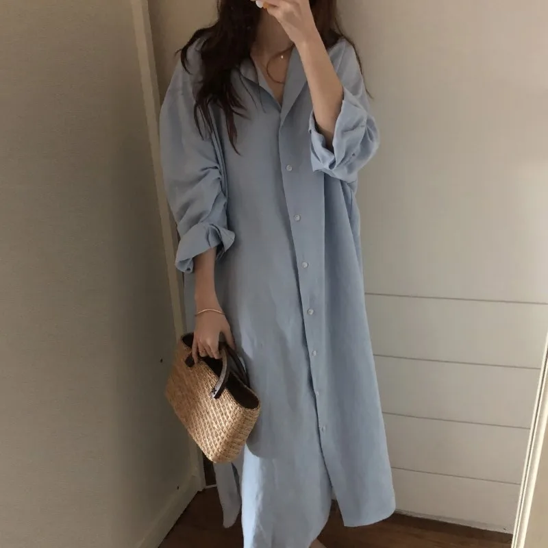 Billig Blau Langarm Long Shirt Kleid Frühling Casual Patchwork Weiß baumwolle Kleider Kragen Tasten Lose Kleider Robe Femme Vestido