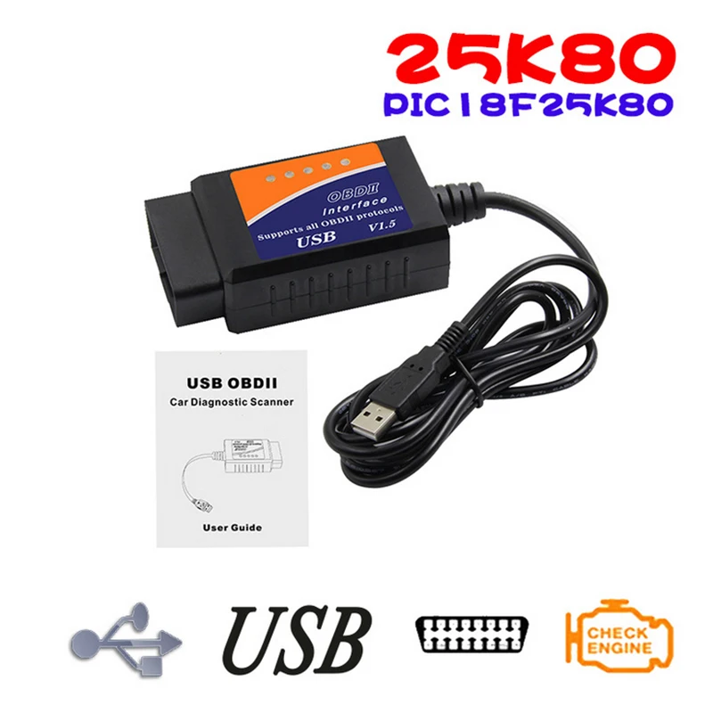 Мини OBDII USB сканер для мульти-брендов CAN-BUS ELM327 USB V1.5 OBD II диагностический кабель с 25K80 чип OBD2 сканер