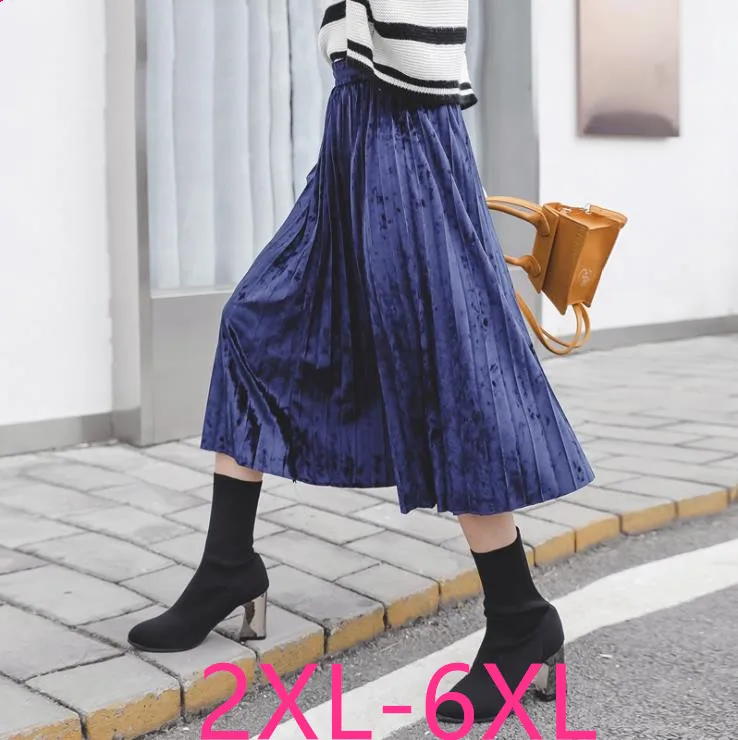 

2019 autumn winter plus size elegant loose elastic waist long pleated skirt blue gray woman large size skirts 3XL 4XL 5XL 6XL