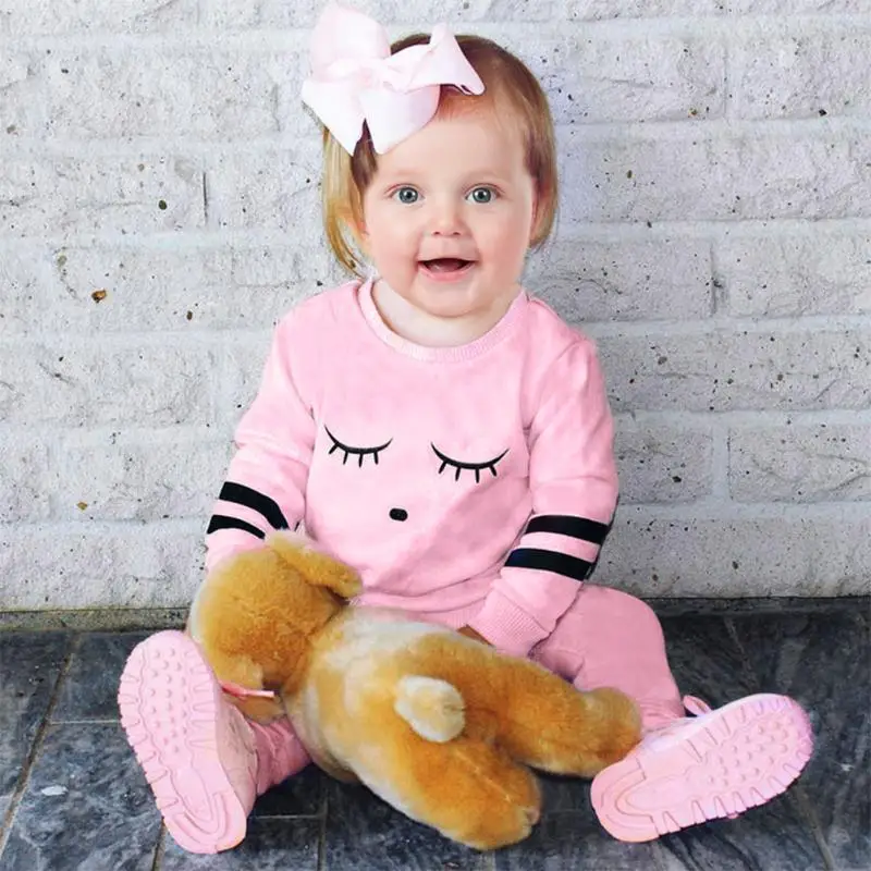 Pink Cute Baby Clothes Set Spring Eyelash Print Newborn Girl Cotton