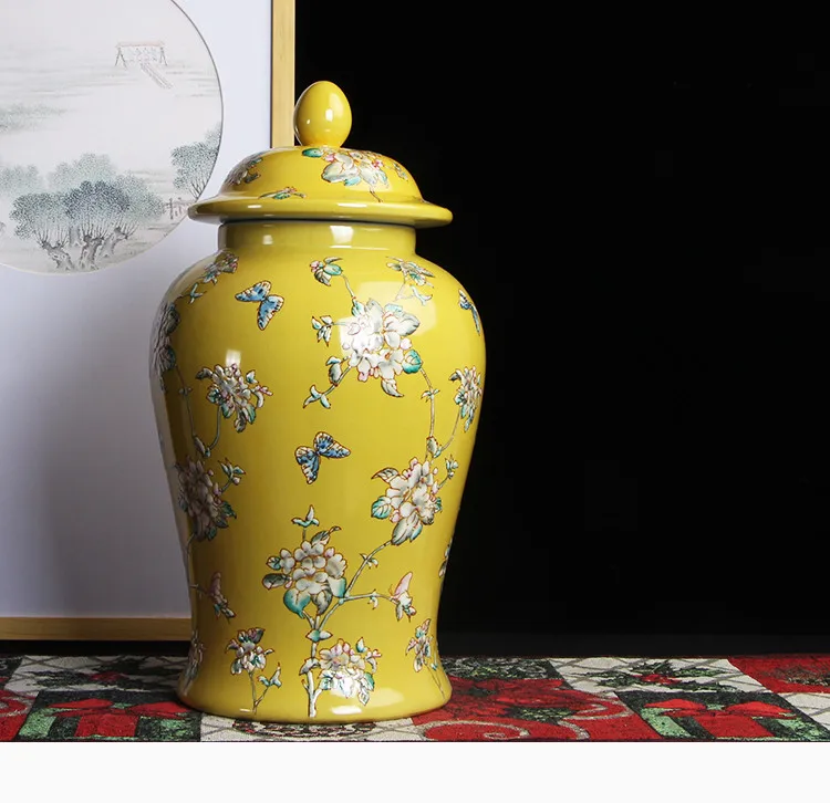 Yellow Jingdezhen hand made temple jar vase ceramic porcelain ginger jar chinese ceramic jar butterfly decoration   (5)