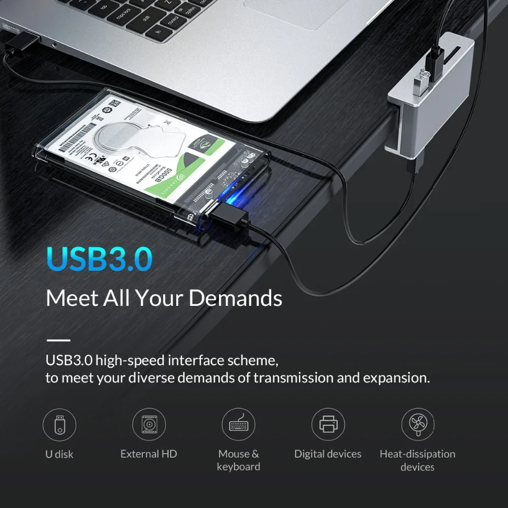 Алюминиевый Концентратор ORICO с 4 портами USB 3,0 с зажимом и считывателем sd-карт для настольного ноутбука, диапазон зажимов 10-32 мм, кабель с датой 100 см