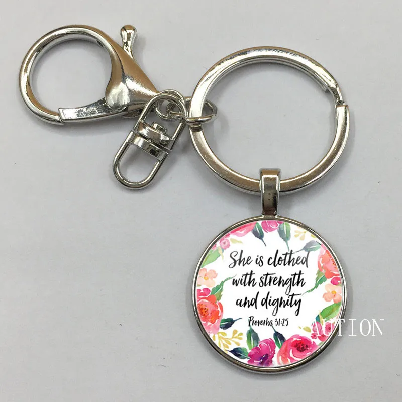 

NEW She is clothed with Strength and Dignity Necklace Proverbs 31:25 Bible Verse Christian Quote Keychain Inspirational Gifts