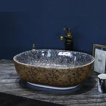 

Gold Painted China Handmade Ceramic Art Basin Sinks Counter Top Wash Basin Bathroom Vessel Sinks single bowl ceramic wash basin