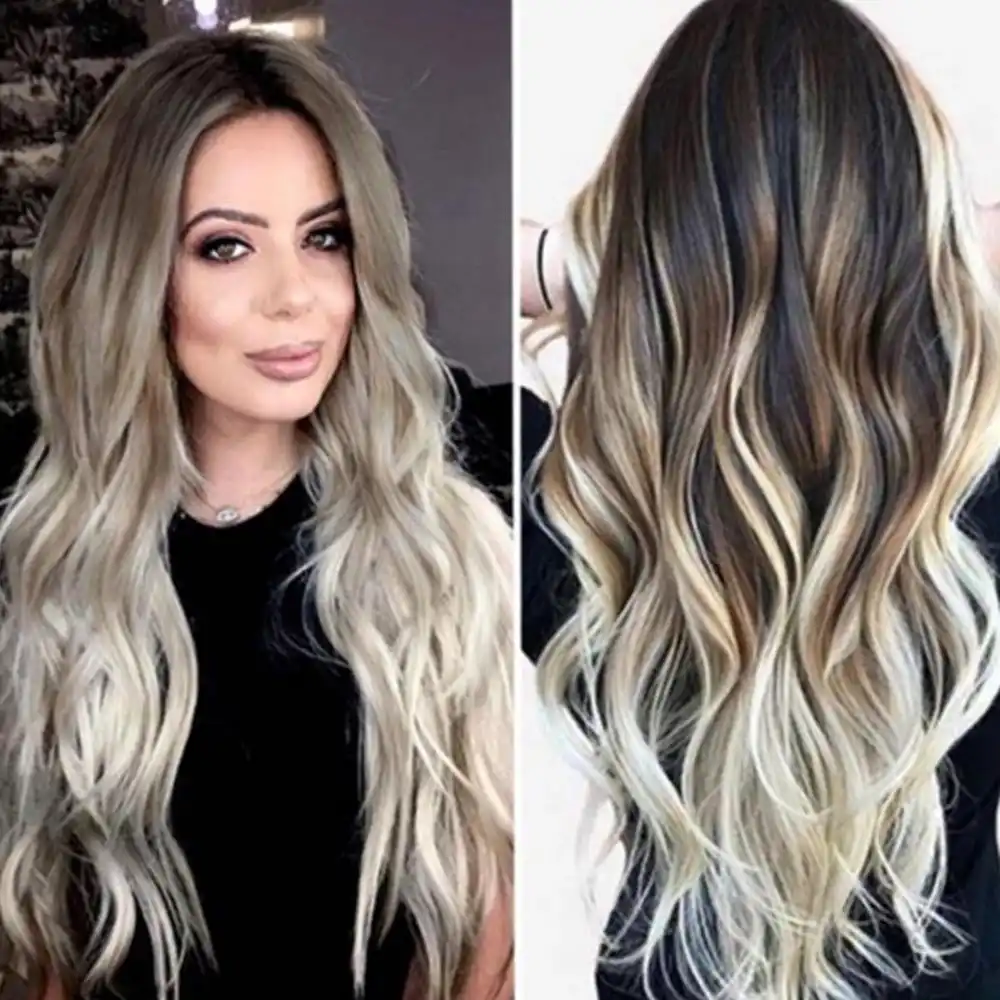 Sexy Women Long Hair Wigs Gradient Gray Party Wigs Long Curly Hair