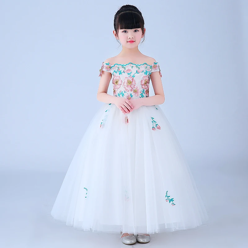 

White Flower Girl Dress Off Shoulder Princess Girl Dress Long Ball Gown Birthday Party Dress for Little Girl Pageant Gown AA08