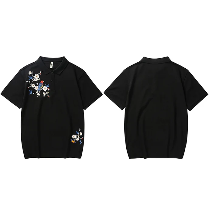 Мужская рубашка поло в стиле хип-хоп, уличная одежда с цветочной вышивкой, летняя футболка поло, черные хлопковые рубашки-поло, Повседневная рубашка с коротким рукавом - Цвет: A82J83 Black